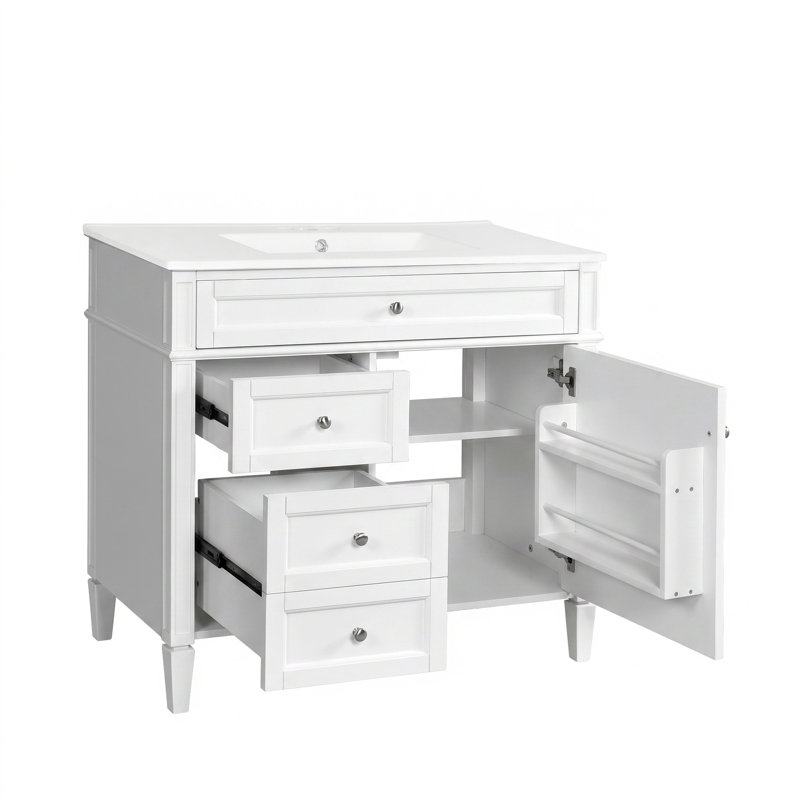 Meuble-lavabo autoportant 36 po en bois aggloméré avec lavabo en céramique blanc, armoire de salle de bain blanche avec 2 tiroirs, tablettes de porte réglables et tiroir basculant