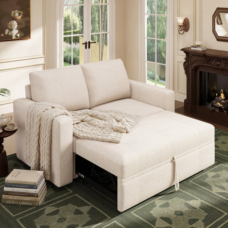 Canapé-lit avec lit escamotable et méridienne beige, Polyester beige