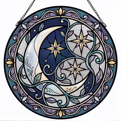Celestial Moon Stained Glass Window Panel，7.8H