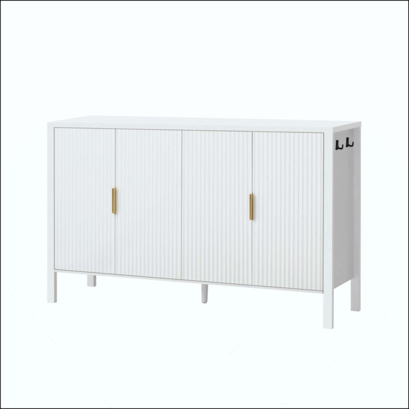 Modern Stripe Door Storage Cabinet, 4-Door Sideboard With Back-Of-Door Storage Racks & Side Hooks, Adjustable Shelves, MDF Cabinet With Aluminum Handles For Living Room, Dining Room
