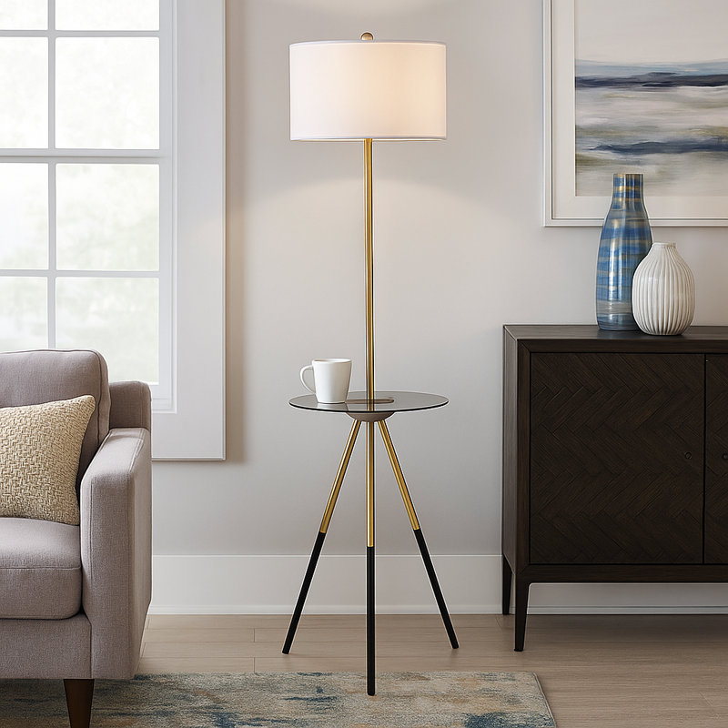 Anzalone Tripod Floor Lamp with Glass Side Table & Built-In USB Port, Modern Floor Standing Lamp with Fabric Shade