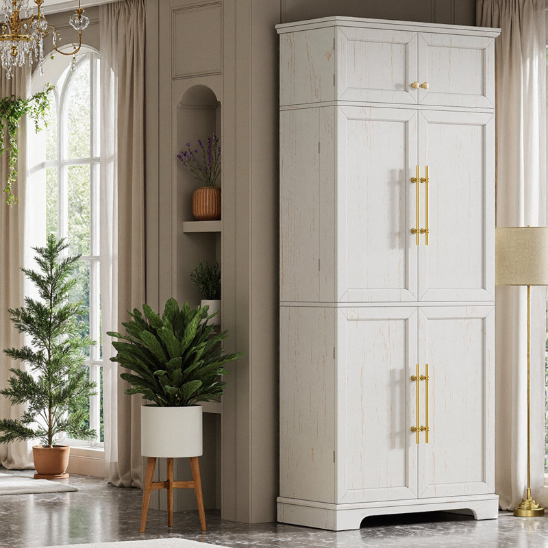 Armoire de cuisine de 78,2 po avec 8 tablettes et porte-bouteilles Farmhouse, Blanc