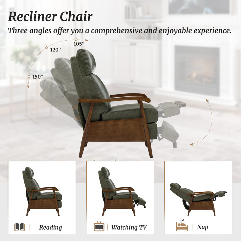 Genuine Top Grain Leather Push Back Recliner, Solid Walnut Wood Arm Mid-Century Modern High Back Manual Recliner, 3 Position Adjustable Lounge Chair for Small Space Living Room, Bedroom And Reading Nook(Set of 2)