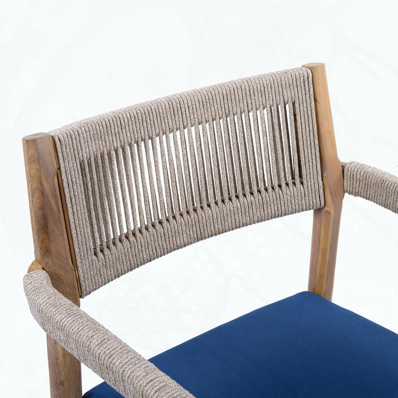 Braided Acacia Wood Outdoor Dining Chairs with Beige Rope and Navy Cushions (Set of 6)