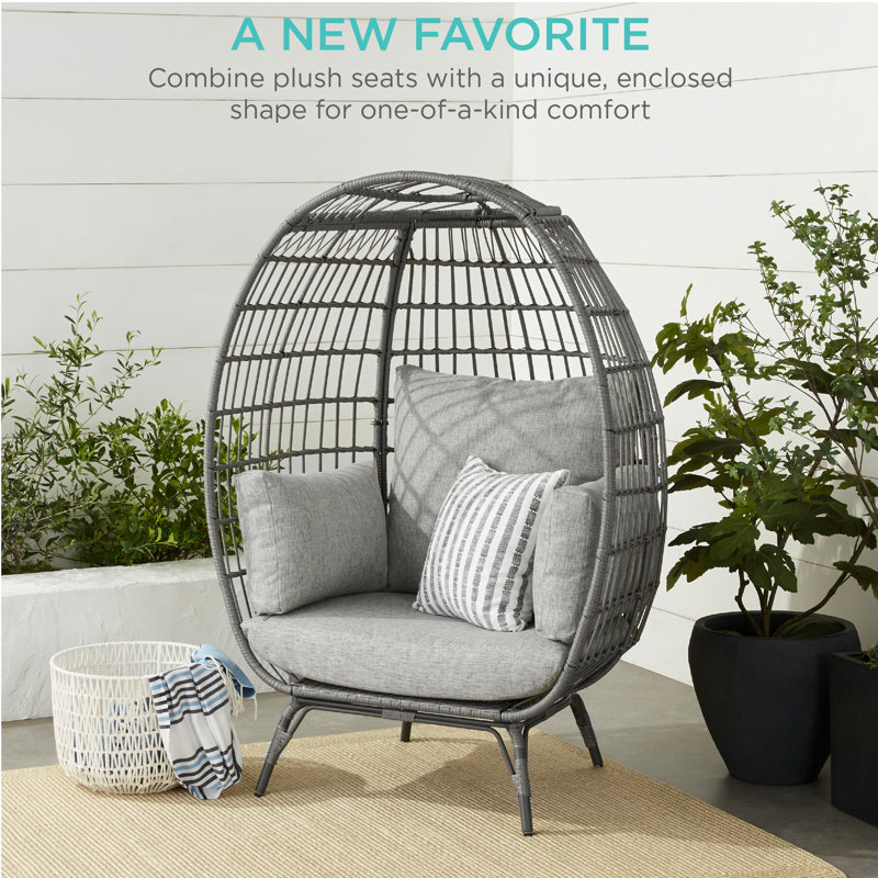 Gray Wicker Oversized Egg Lounge Chair with Cushions