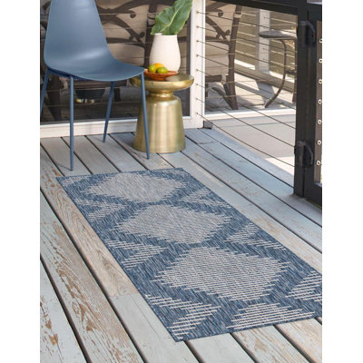 Tapis intérieur / extérieur en polypropylène géométrique tissé à la machine en gris / bleu