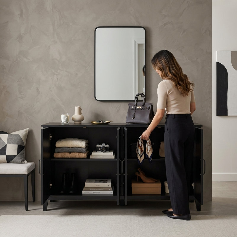 Black Storage Cabinet with 4 Doors & Open Shelves