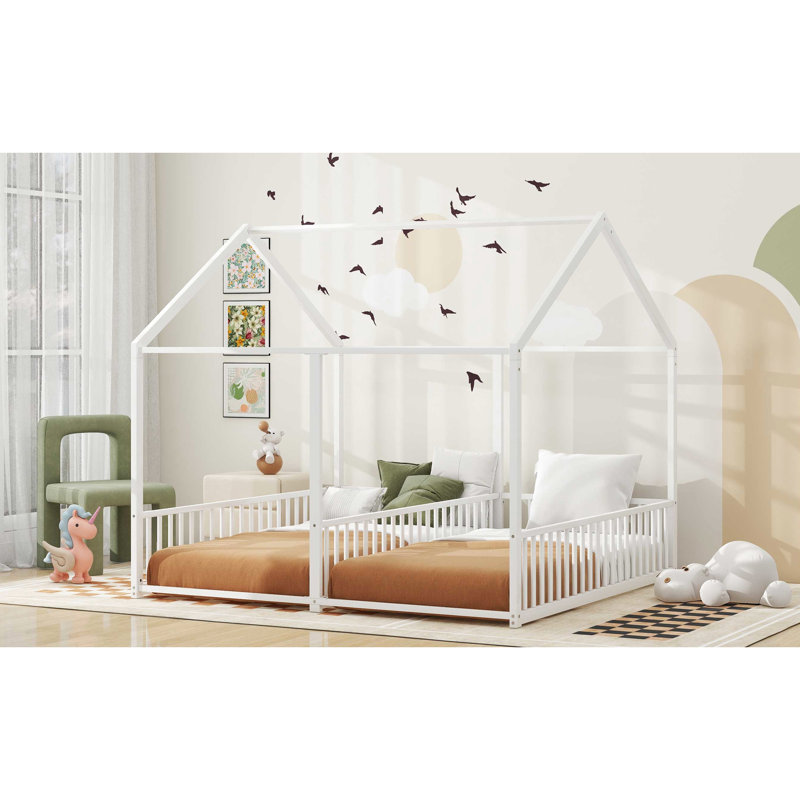 Metal Twin Bedroom Platform Beds, House-Shaped Guardrail Security, White House With Guardrails, Frame For, Antique White