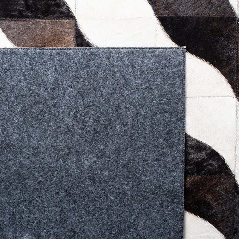 Miltmore Hand Woven Leather/Felted Cloth Geometric Rug in Ivory/Black, Rectangle 8' x 10'