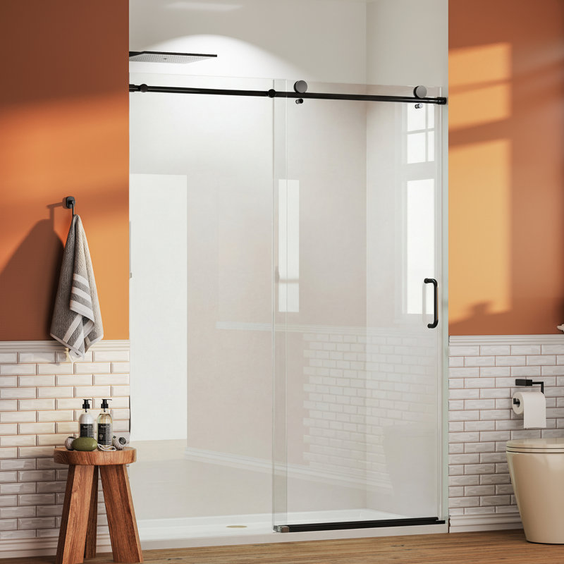 56"-60" W x 76" H Frameless Single Sliding Shower Door, 1/4" Tempered Glass, Adjustable Fit, Matte Black