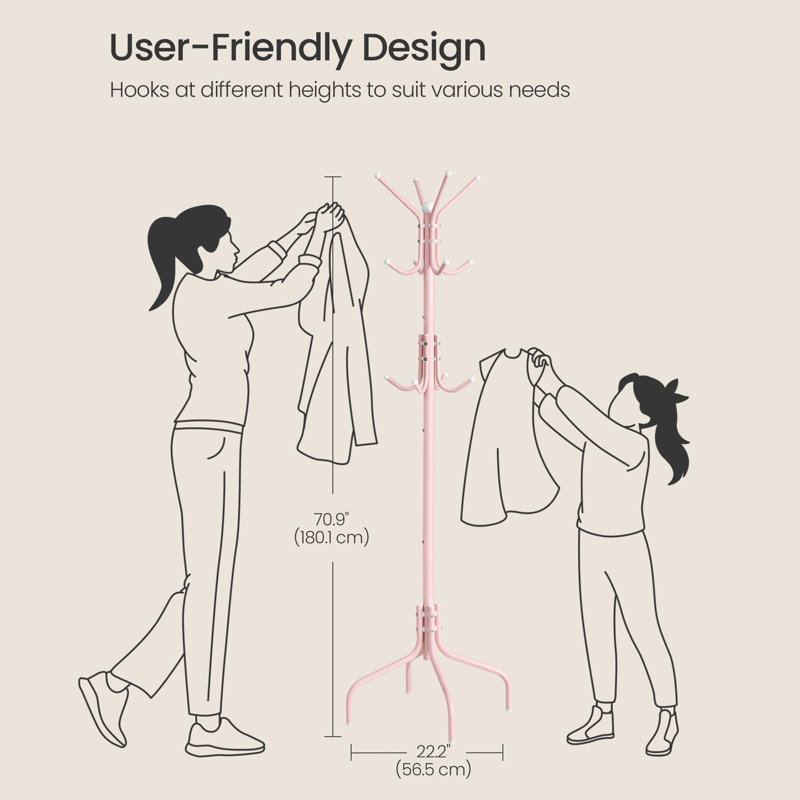 Steel Freestanding 12 - Hook Coat Rack, Jelly Pink