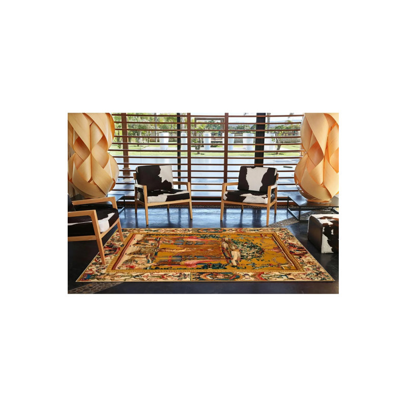 Tapis décoratif moderne avec motif à motif d'homme dans les tons de jaune et de brun, Rectangle 2 pi 4 po x 4 pi