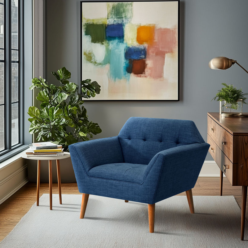 Merrylite  37" Wide Upholstered Armchair with Tufted Backrest, Blue Basketweave