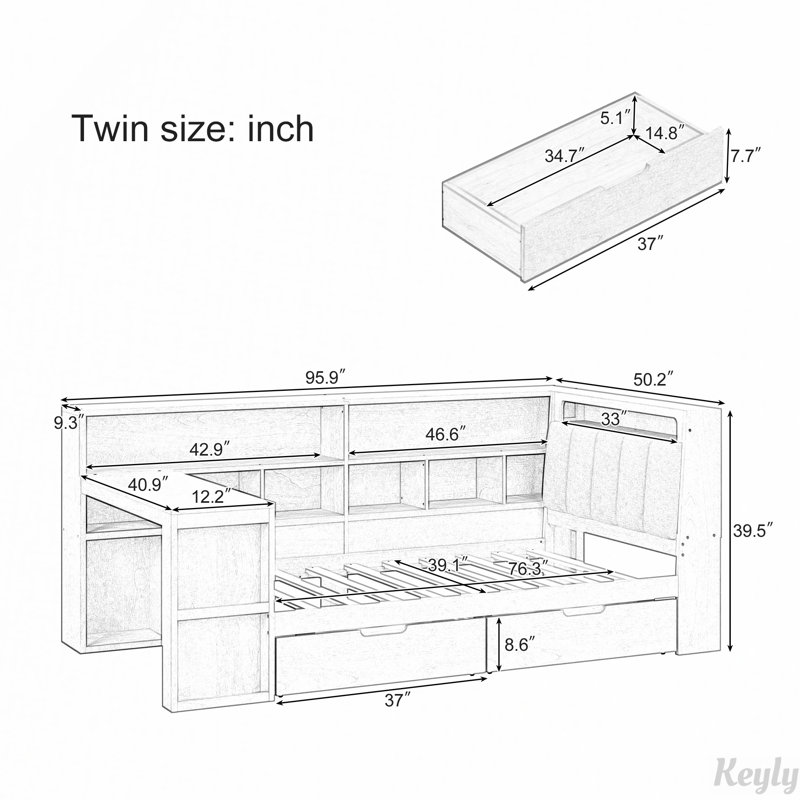 L-shaped Wooden Daybed with Desk and Storage Bookcase, Twin, Natural