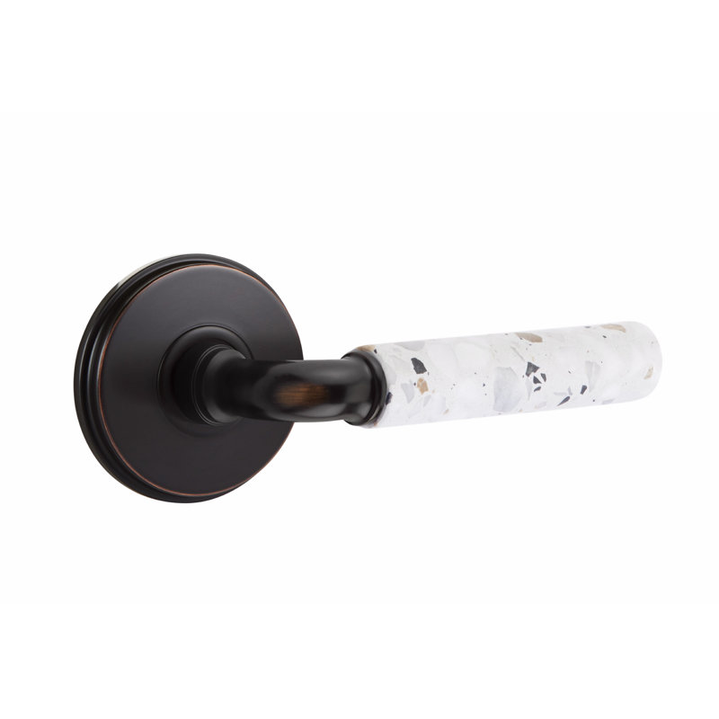 Select Round Privacy (Bed & Bath) Door Lever with Round Rosette, Right, Oil Rubbed Bronze/Light Terrazzo