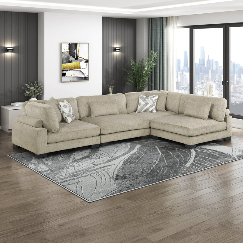 Canapé modulaire moderne en microfibre de 135 po avec coussins réversibles et 6 coussins Brinsley, Microfibres brunes