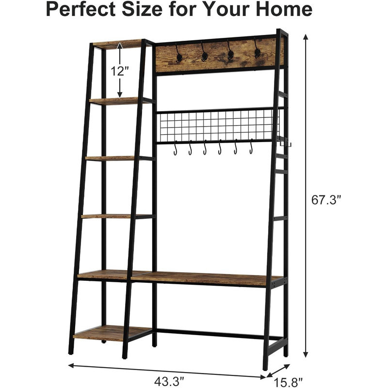 4-in-1 Coat Rack & Hall Tree with Shoe Bench, Entryway Bench with 8 Removable Hooks, Industrial Storage for Foyer, Black