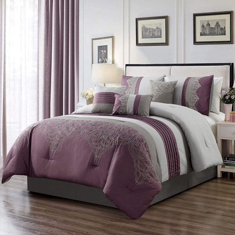 Chloe 7-Piece Pleated Stripe Medallion Embroidered Comforter Set, Purple, King Comforter + 6 Additional Pieces