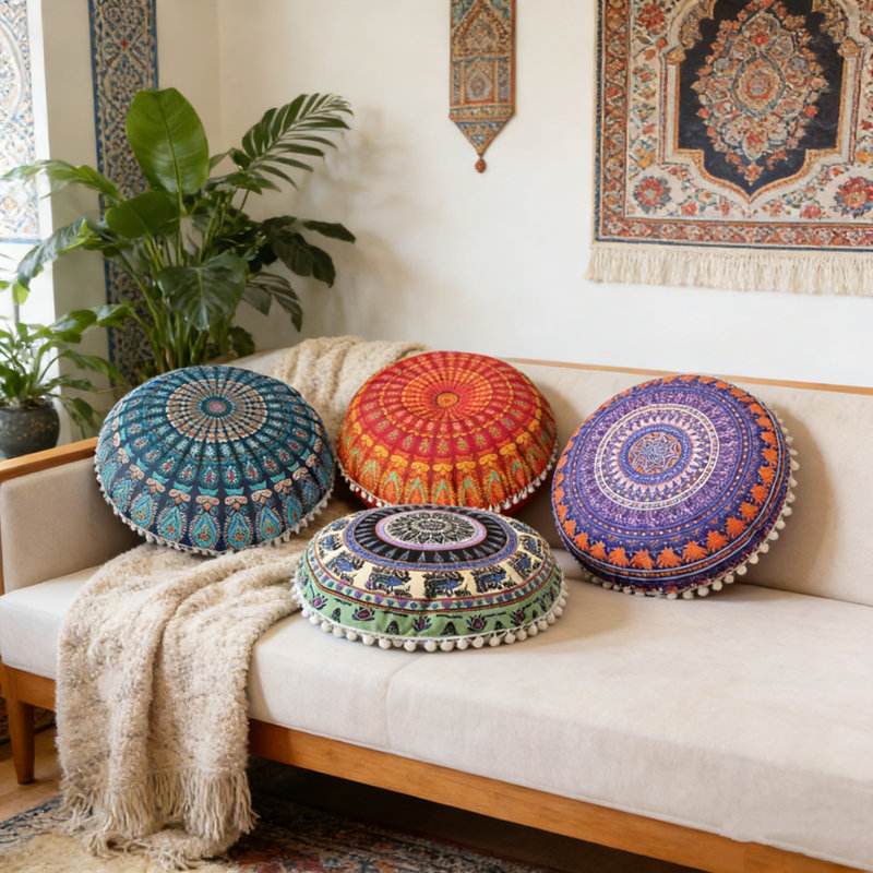 Set Of 4 Mandala Printed Pillowcase 17" X 17" Polyester Fiber Pillow Case With Tassels Ball Cushion Cover, A1