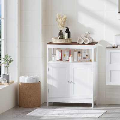 Armoire de rangement blanche avec tablette ouverte et plateau en bois blanc