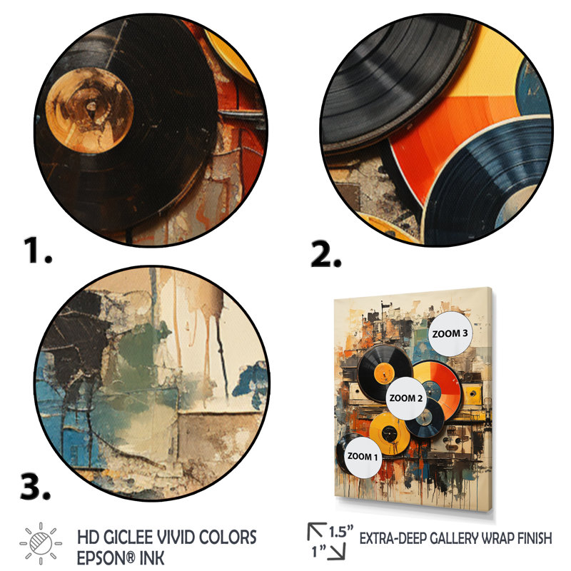 Vinyle, disque vinyle rétro I - impression sur toile, disques vinyle, Toile tendue, H 32 po x l 16 po x P 1 po