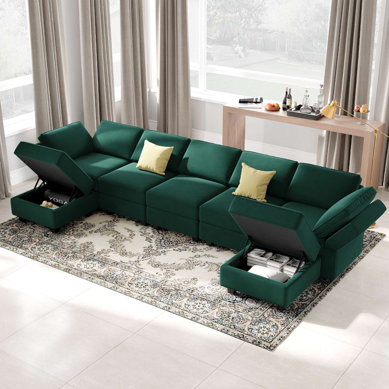 Ridoy 7-Pieces Large Velvet Upholstered Sectional Modular Variable Sofa & Chaise with Storage, Green Velvet