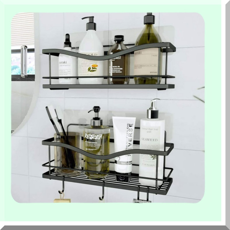 RustShield Shower Caddy Duo: Stainless Steel Wall-Mounted Baskets with Hooks - Matte Black
