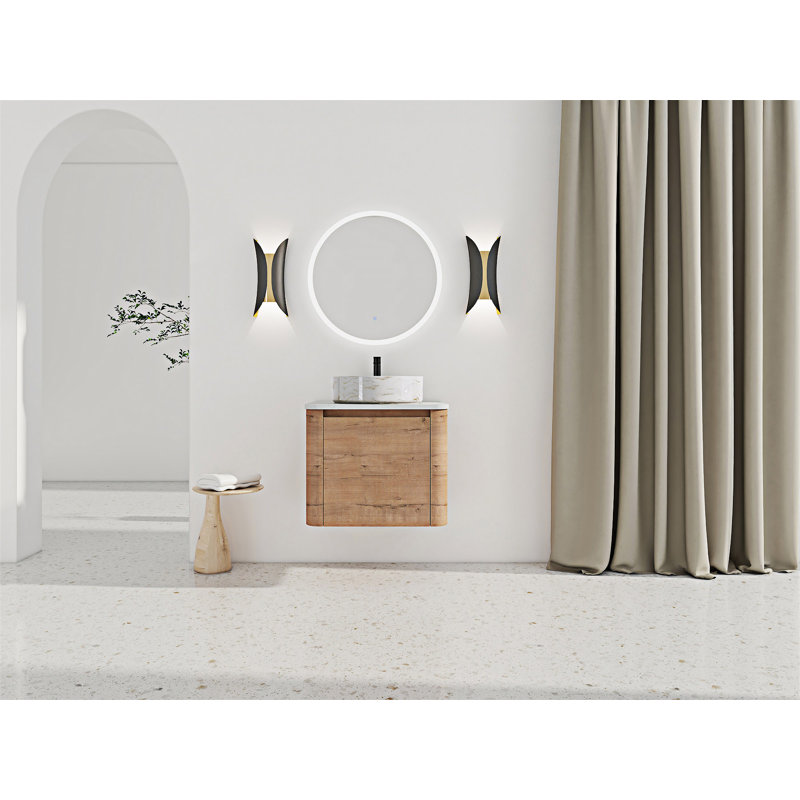 Meuble-lavabo mural avec lavabo d'art en céramique, Blanc / Doré