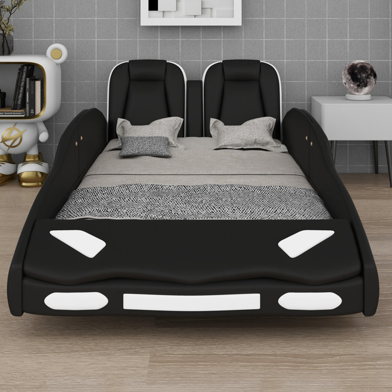 Race Car-Shaped Platform Bed with Rolling Wheels and Sleek Design, Black