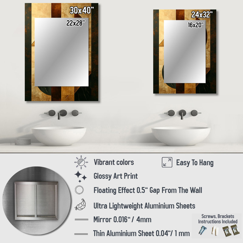 Geometric Walnut Essential Forms IV - Modern Decorative Wall Mirror, Gold Mirror, Printed Metal Art, 40" x 30"