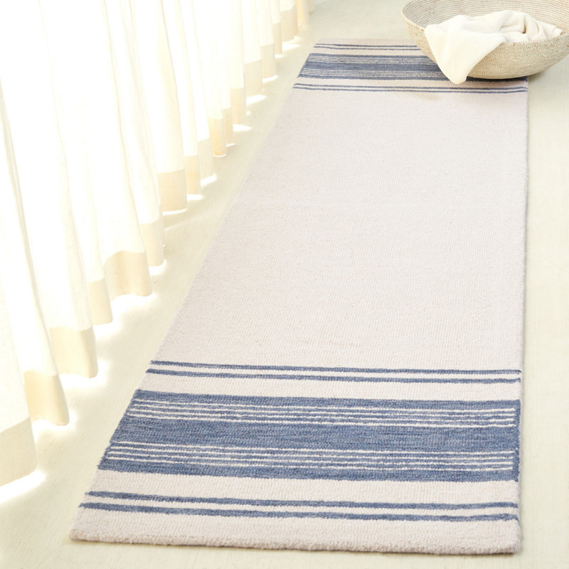 Ivory and Blue Hand-Knotted Wool Striped Rug, 3' x 5'