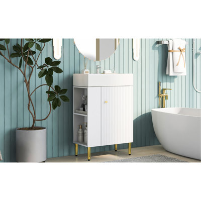 Modern 21.6" Bathroom Cabinet - Ceramic Sink, Charge, Ample Storage Space, Presentation Vanity In White, Single Left Side Storage, Cabinet, Soft-Close Door To Reduce Noise, Flair