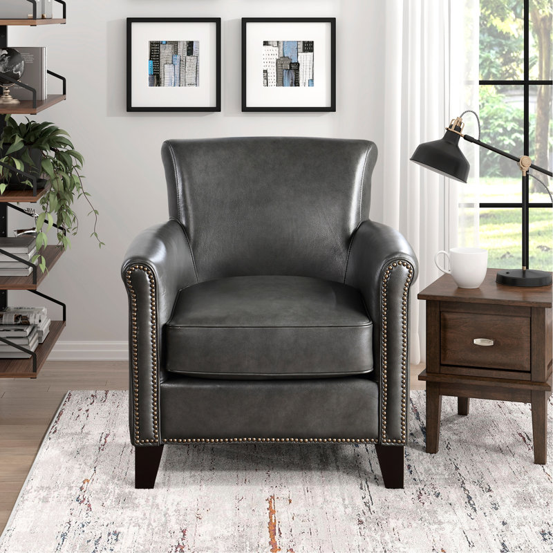 Chaise de style classique gris, fabrication en bois massif, garniture cloutée, siège d'appoint de 33,5 po de largeur avec cadre, revêtement en cuir, délice pour les pieds