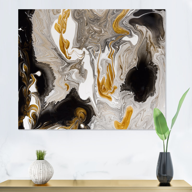 Or et vagues de marbre noir I - peinture sur toile, H 24 po x l 32 po, Toile tendue, Sans cadre