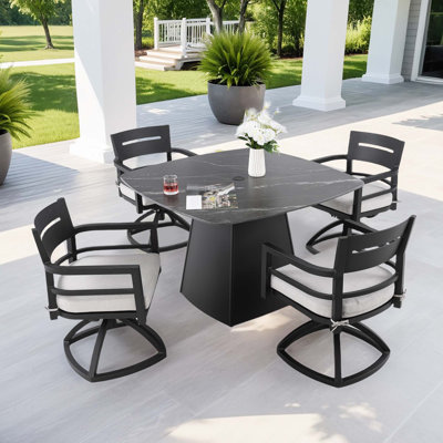 5-Piece Outdoor Pedestal Dining Set, 44" Rounded Square Sintered Stone Table With Flared Base And 4 Swivel Rockers, Sunbrella Cushions, Rust-Free Aluminum, Weather-Resistant, For Patio Or Deck