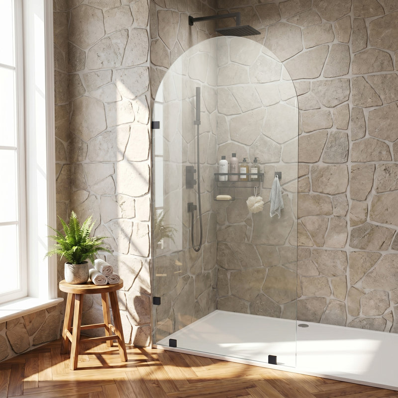 Écran de douche fixe l 28 po x H 80 po, panneau de verre arqué avec verre trempé transparent de 3/8 po, panneau de verre simple sans cadre, porte de douche à l'italienne, noir mat