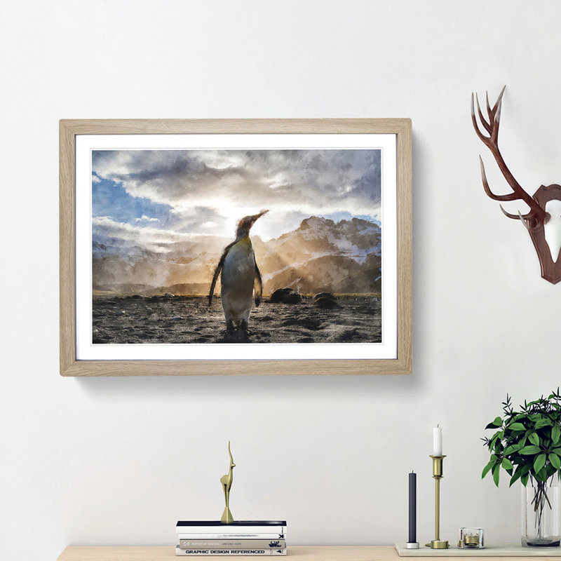 King Penguin - Picture Frame Painting Print, 33cm H x 45cm W x 2cm D, Oak Framed