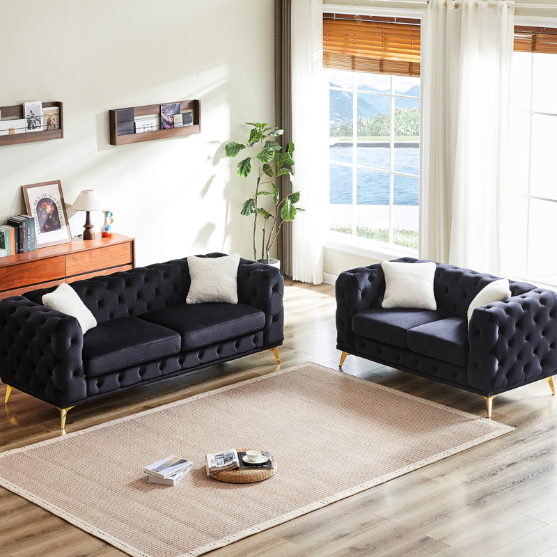 Velours noir: 3 places + 2 avec structure solide, pieds en métal et 4 coussins confortables. Pour un salon ou un bureau sophistiqué. Sièges en mousse Spring Spring