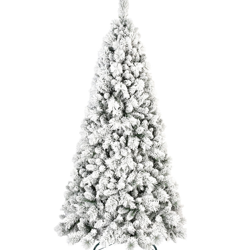 500 lumières DEL blanc chaud - arbre de Noël floqué amélioré de 7,5 pi, 1252 pointes enneigées touchées par le givre et branches à aiguilles dures, installation facile par charnières, base en métal pour les occasions festives orné d'une échelle de neige simple
