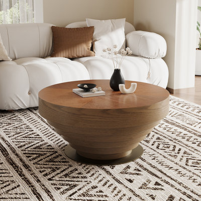 Table basse ronde de 35 po en forme de tambour, table basse en bois avec châssis en acier au carbone