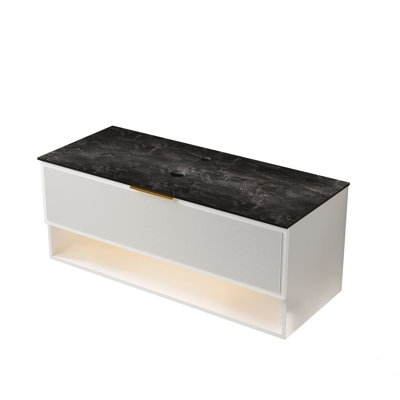 Armoire murale blanche en contreplaqué 48 po avec plateau en pierre frittée noire, un tiroir, une tablette ouverte, un système de tiroir à fermeture silencieuse silencieuse et des lumières à DEL, plusieurs couches de haute performance