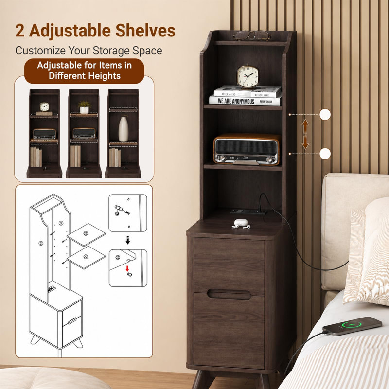 Tall Nightstand with Charging Station, Brown