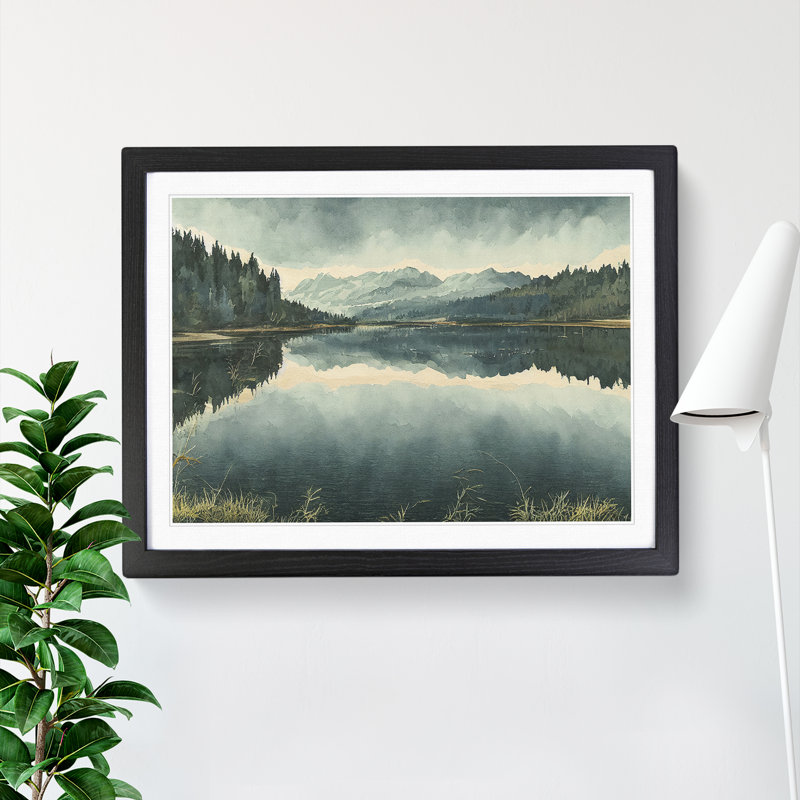 Mountain Lake Watercolour Vol.2 - Single Picture Frame Print, Black Framed, 46cm H x 64cm W x 2cm D