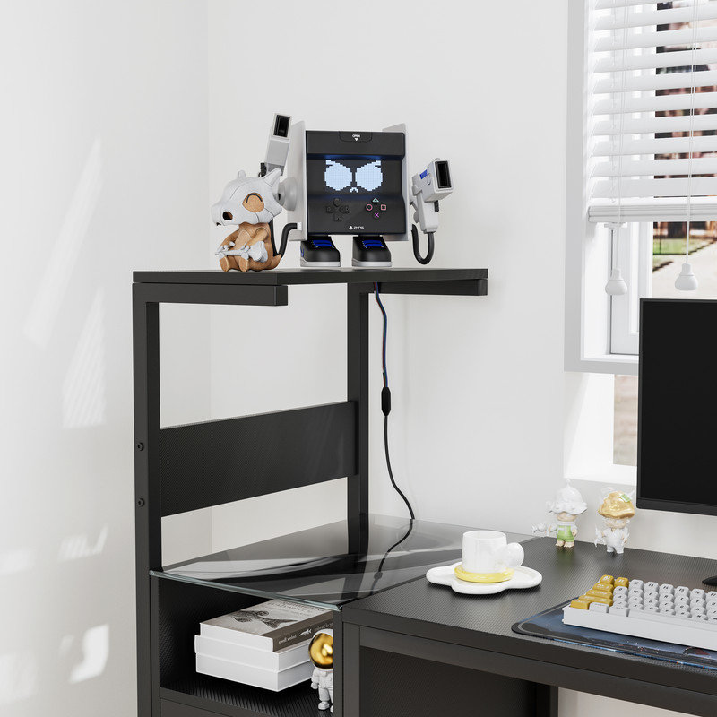 Modern Computer Desk with Built-in Power Outlet, USB Charging Station, and LED Lights, Black