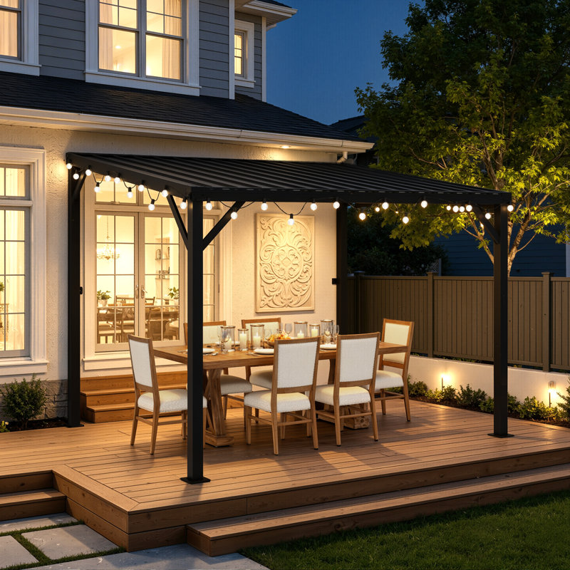 8 x 10 ft Lean-to Wall Mounted Hardtop Gazebo with Sloped Metal Roof & Powder-Coated Metal Frame for Patio & Deck