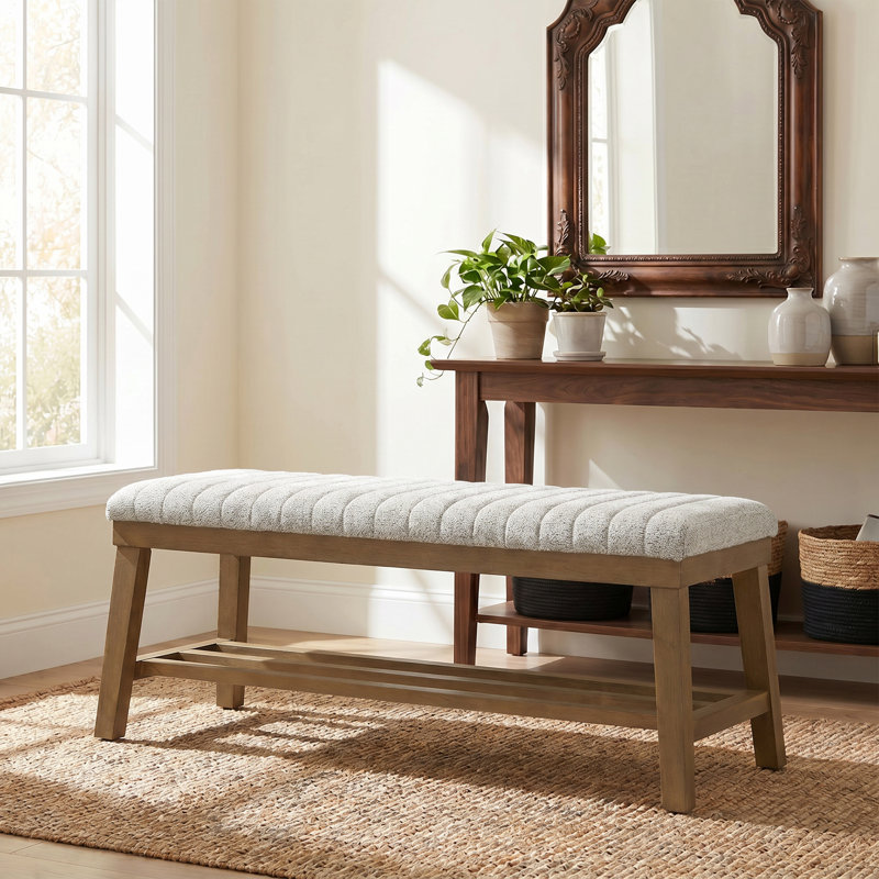 Modern Upholstered Storage Bench Solid Wood Entryway Shoe Bench, Beige Striped