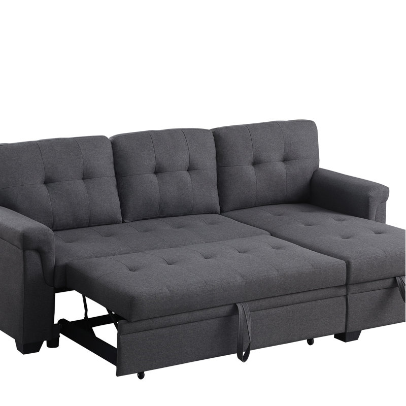 Linen Reversible Sleeper Sectional Sofa With Storage Chaise, Dark Gray Linen, Right Hand Facing, Black