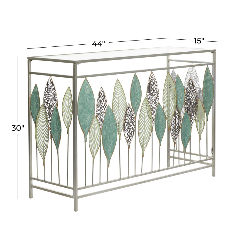 Metal Leaf Silver Console Table with Mirrored Glass Top