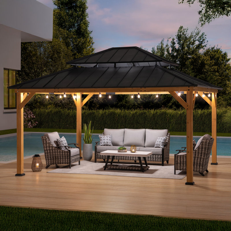 Sunjoy 3.9m x 4.5m Cedar Wooden Gazebo with Ventilated Roof, Dual Rail System & Ceiling Hook, Anthracite – Sturdy Garden HardTop Pavilion for Outdoor Patio, Backyard, and Garden