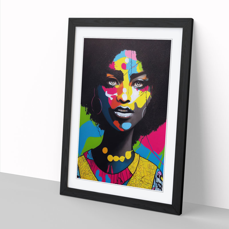 FRM-V0523-2935X Woman With Afro Graffiti Art - Single Picture Frame Print, Black, 64cm H x 46cm W x 2cm D